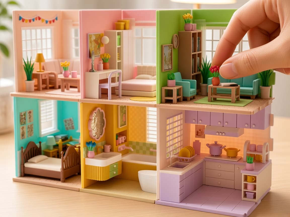 Colorful miniature home with six rooms for storytelling play, Details to discover