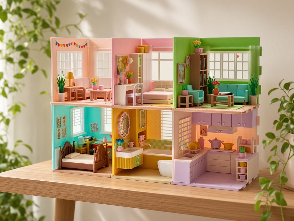 Colorful miniature home with six rooms for storytelling play, A home to invent