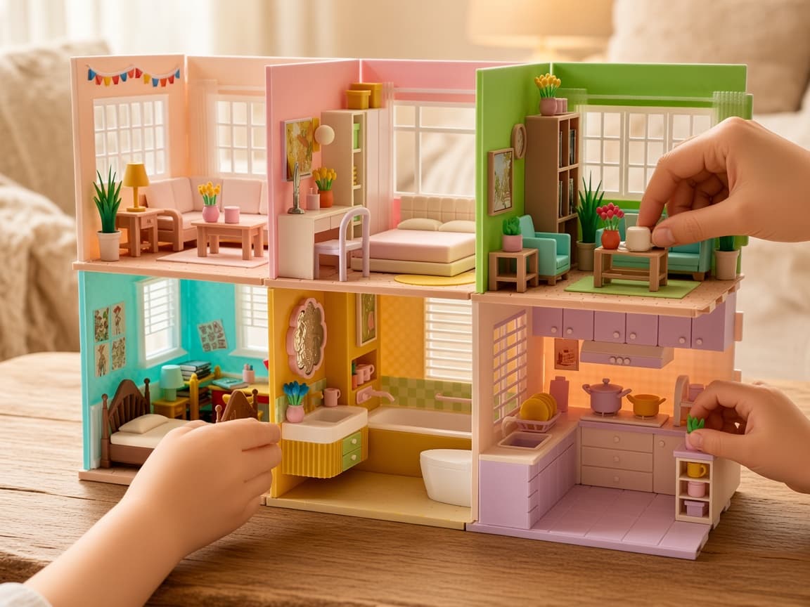 Colorful miniature home with six rooms for storytelling play, Curiosity & Discovery