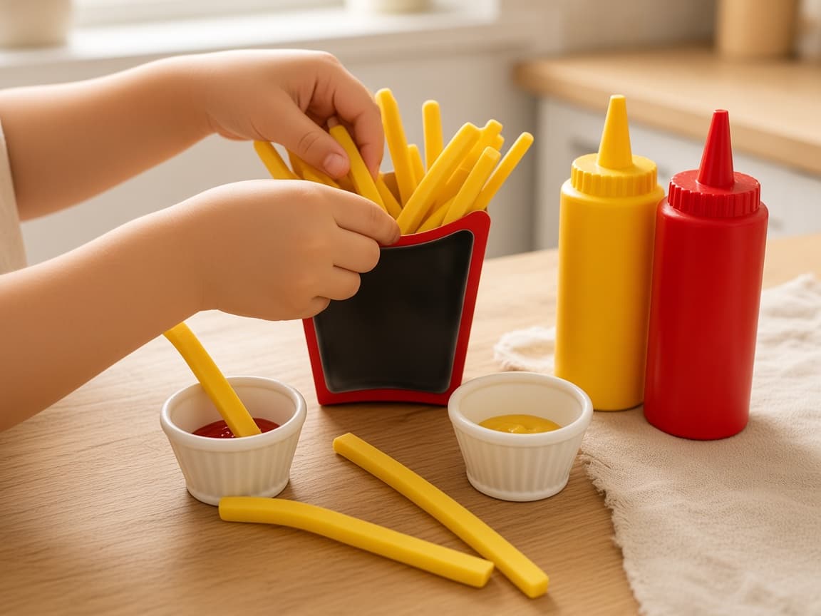 Pretend fries with three dip sauces for stack-and-dip play, Stack the fries