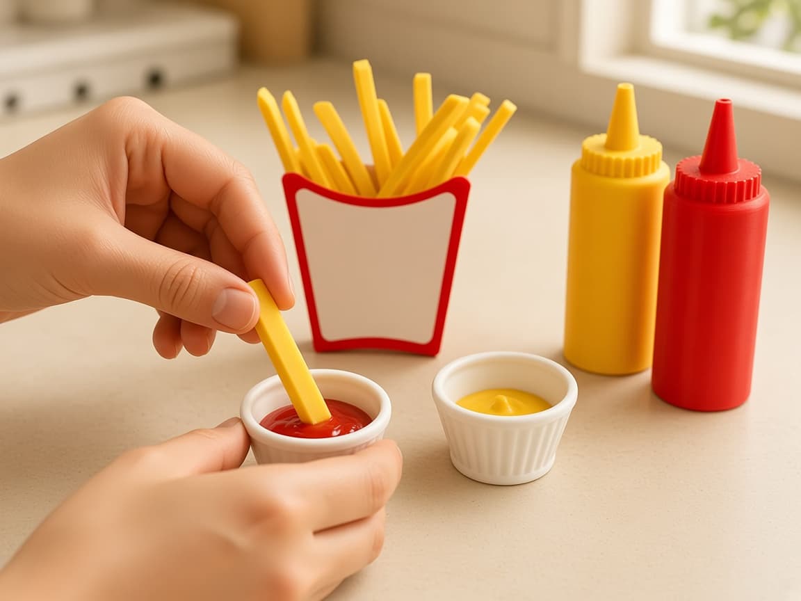 Pretend fries with three dip sauces for stack-and-dip play, Serve the snack