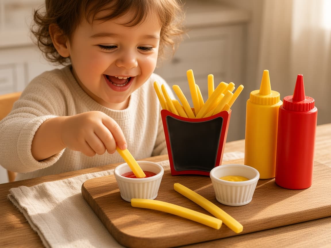 Pretend fries with three dip sauces for stack-and-dip play, A Snack Counter They Run