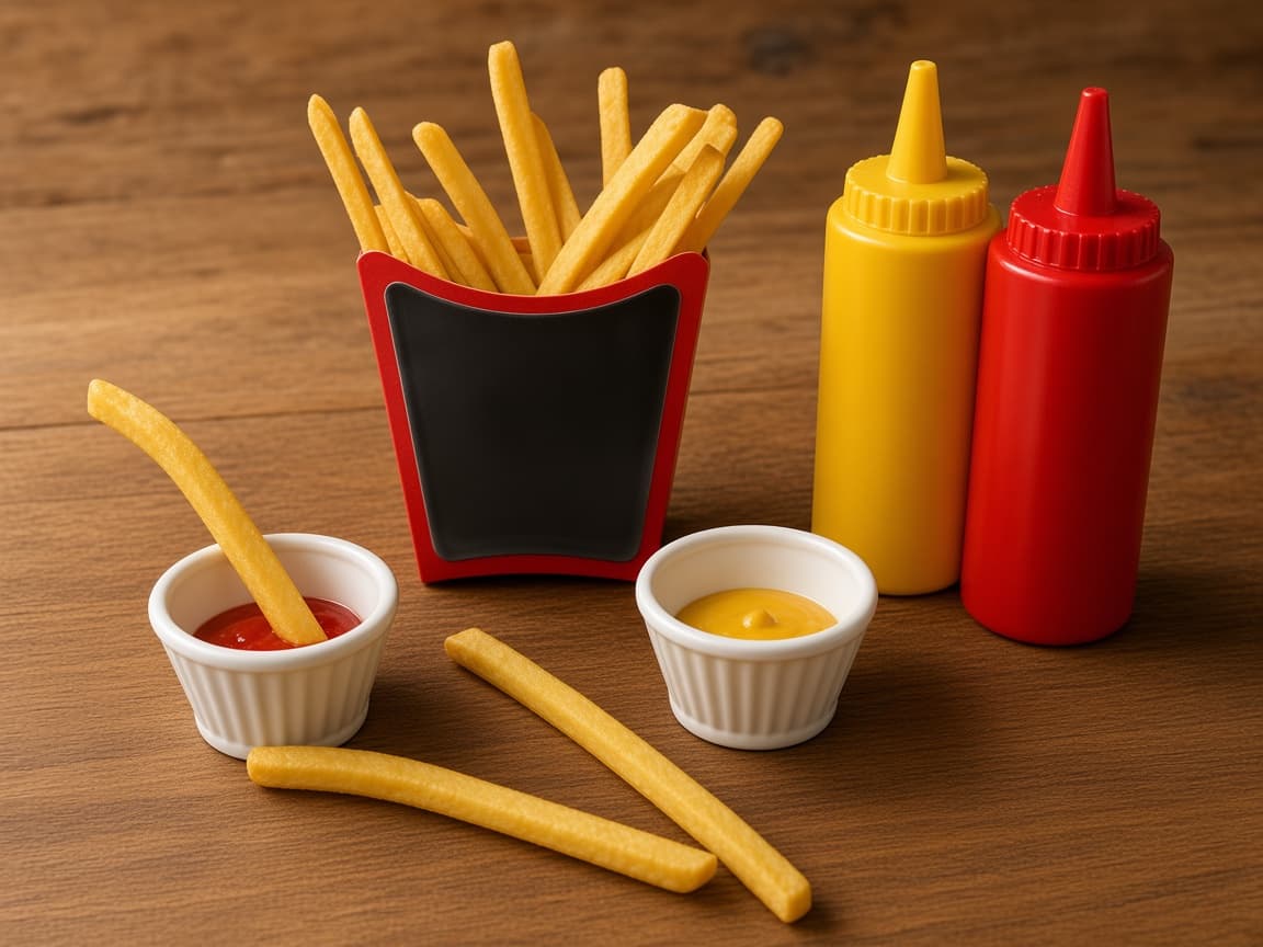 Pretend fries with three dip sauces for stack-and-dip play, Three Dips, Endless Choices