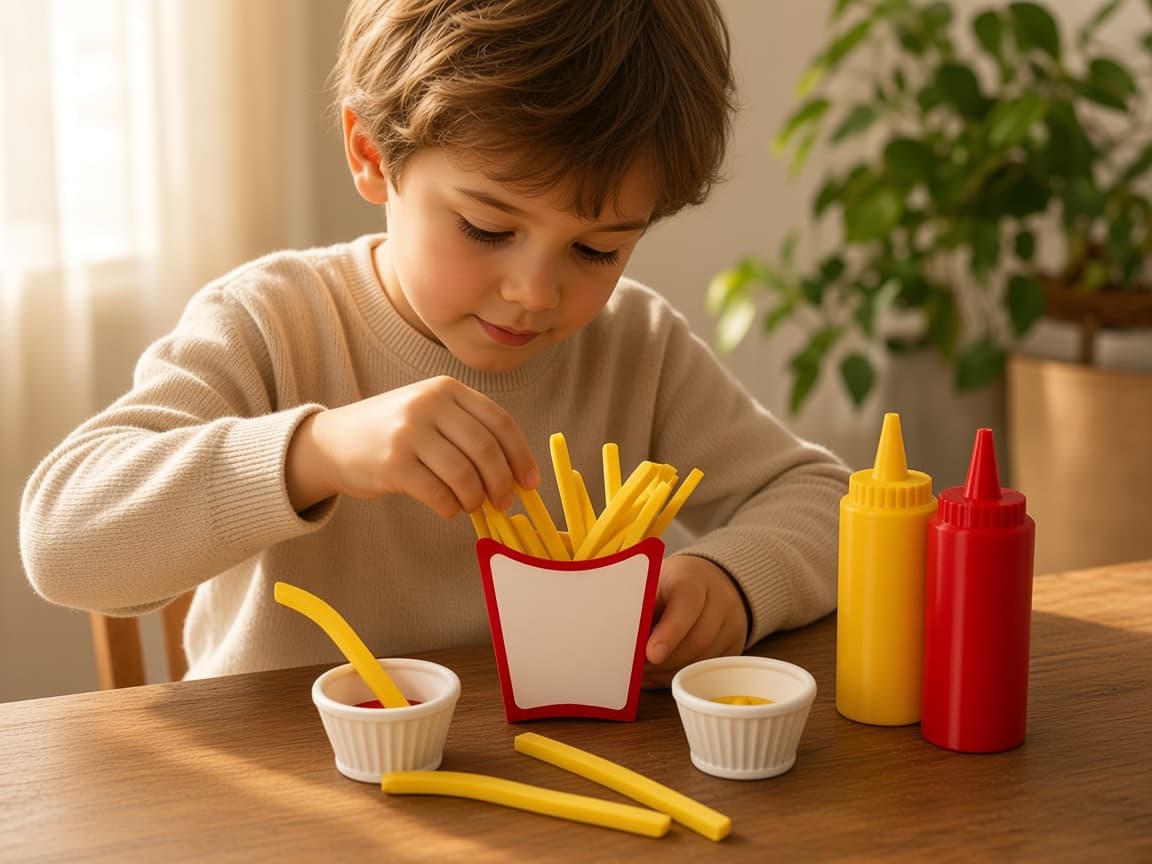 Pretend fries with three dip sauces for stack-and-dip play, quiet play