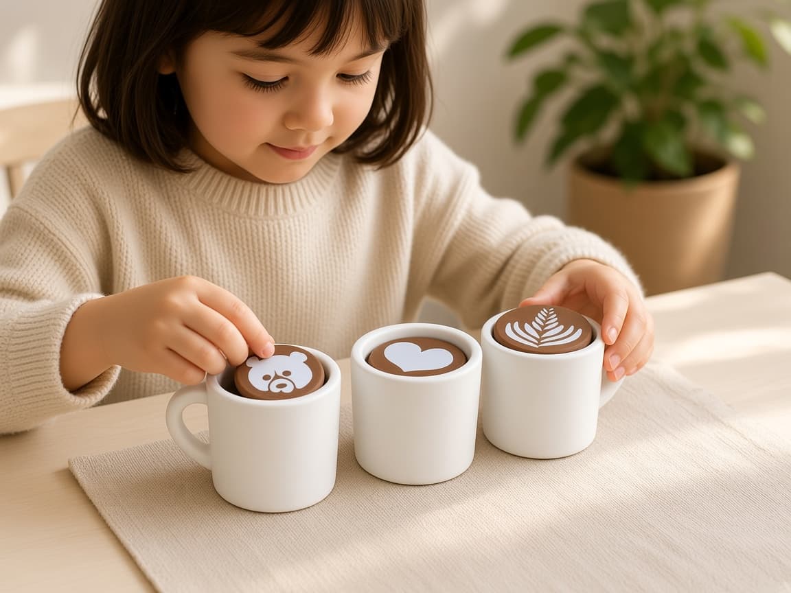 Pretend latte art cup for swirl-and-serve café play, quiet play