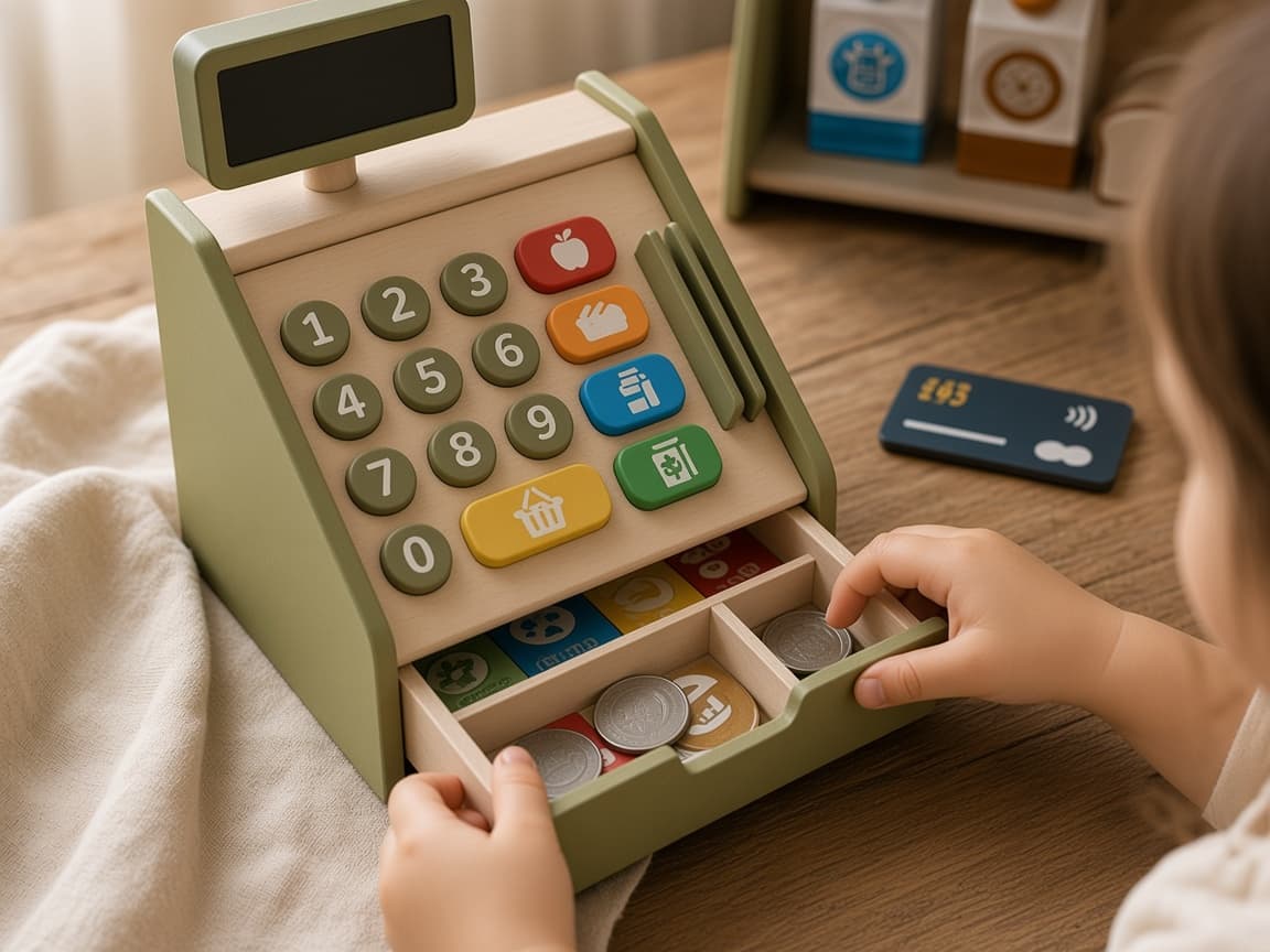 Little Grocer pretend shop with cash register, shelves, and grocery boxes, Stock the shelves
