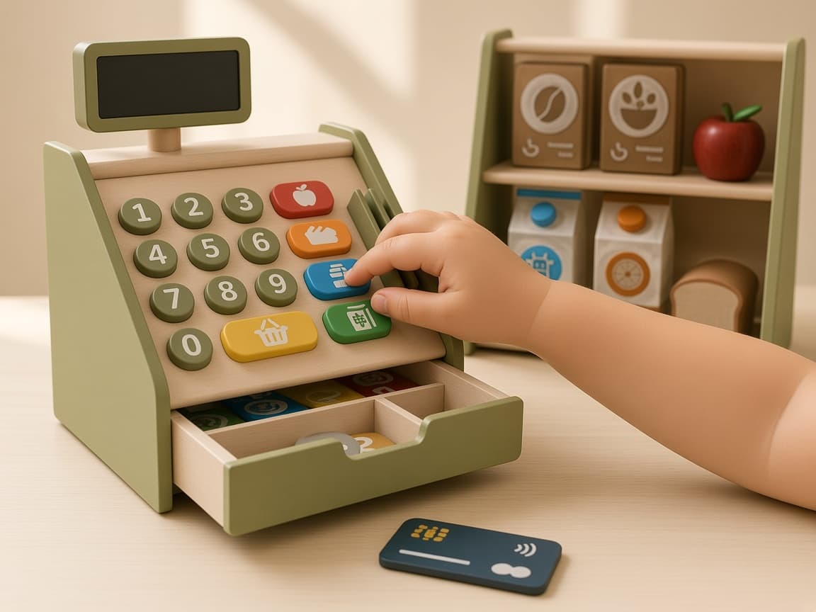 Little Grocer pretend shop with cash register, shelves, and grocery boxes, Scan each item