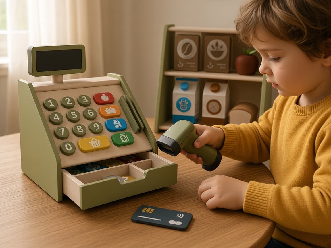Little Grocer pretend shop with cash register, shelves, and grocery boxes, Ring up the week