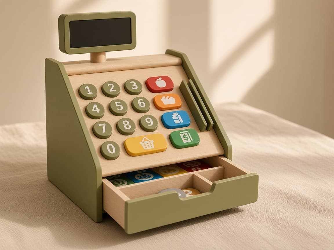 Little Grocer pretend shop with cash register, shelves, and grocery boxes, Counting Through Play