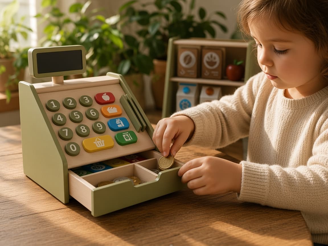 Little Grocer pretend shop with cash register, shelves, and grocery boxes, quiet play