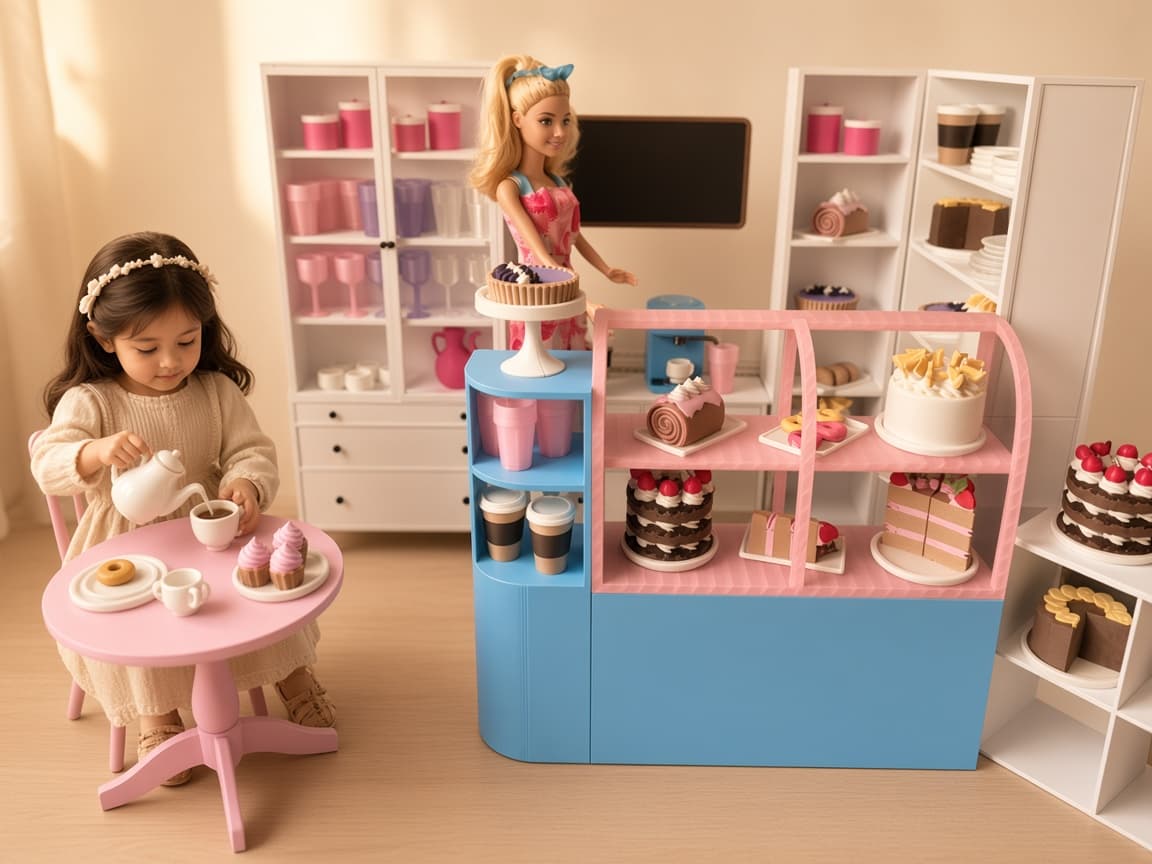 Loving mini bakery dollhouse with oven, counter, and cozy staging details, quiet play