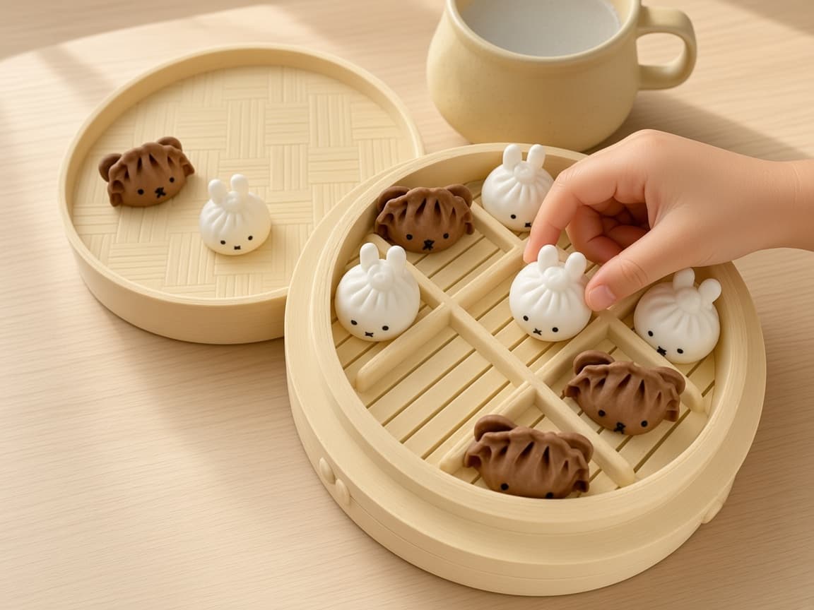 Dim sum tic-tac-toe board with yum cha playing pieces and wooden grid, Pick your piece