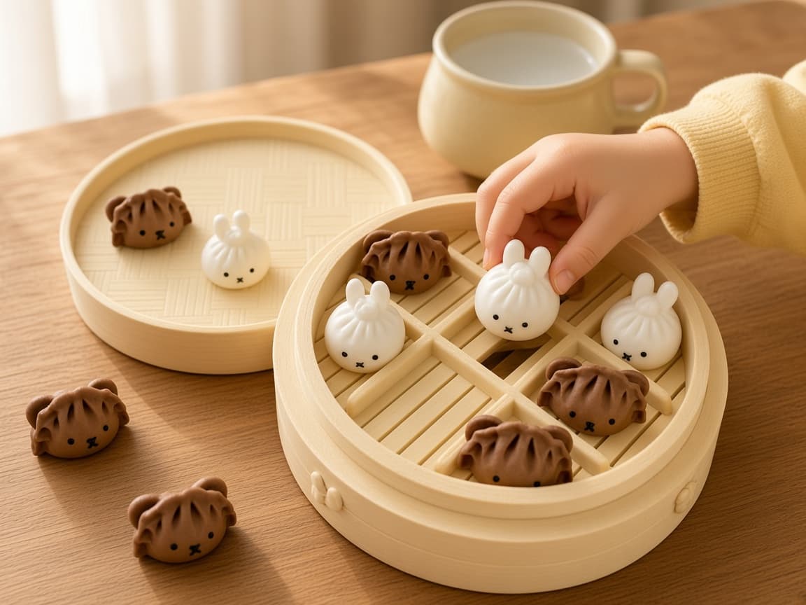 Dim sum tic-tac-toe board with yum cha playing pieces and wooden grid, Block the line