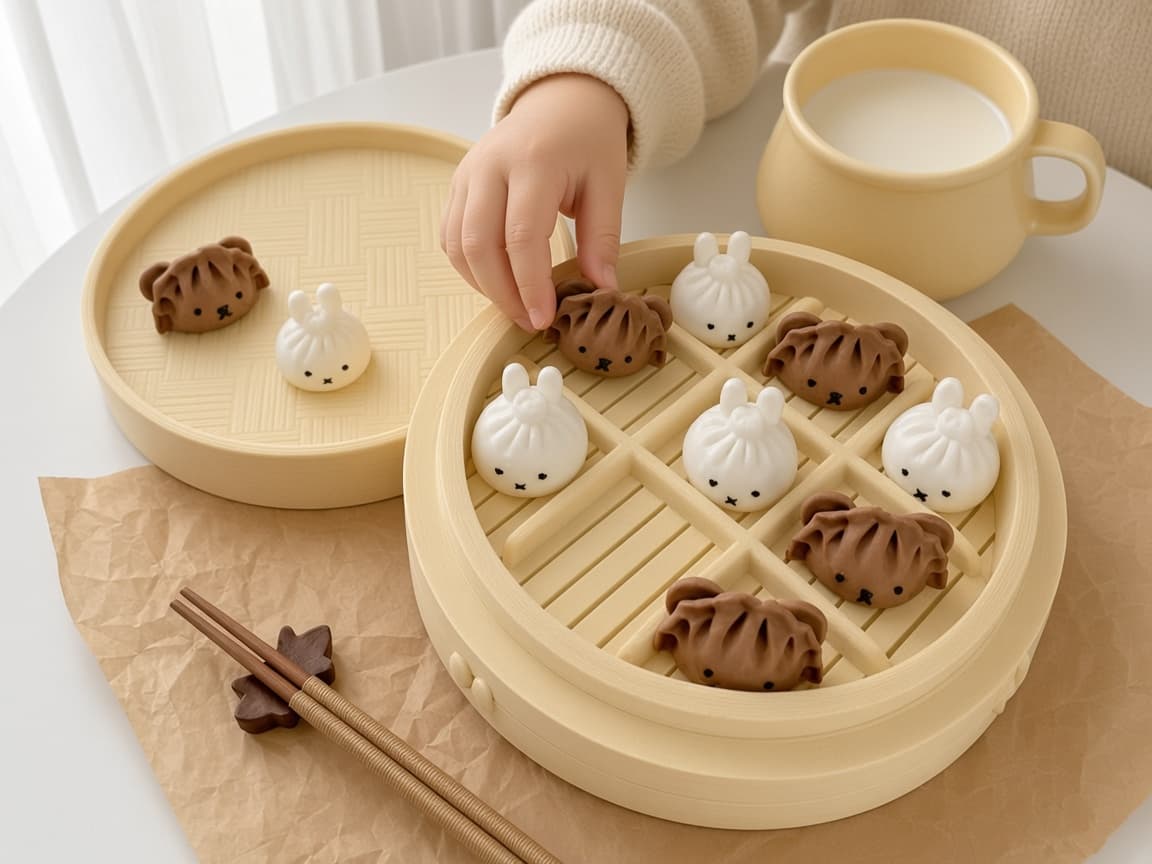 Dim sum tic-tac-toe board with yum cha playing pieces and wooden grid, Win the tray