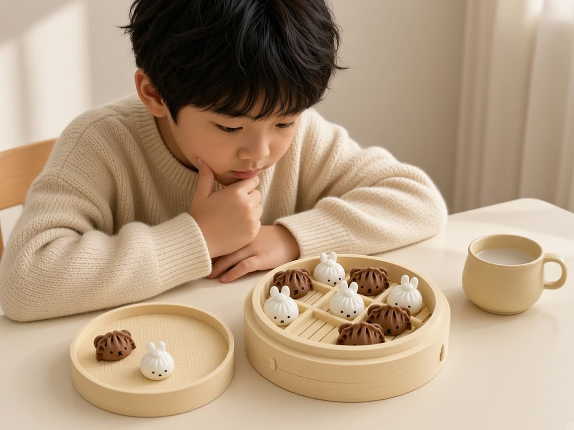 Dim sum tic-tac-toe board with yum cha playing pieces and wooden grid, Strategy & Blocking