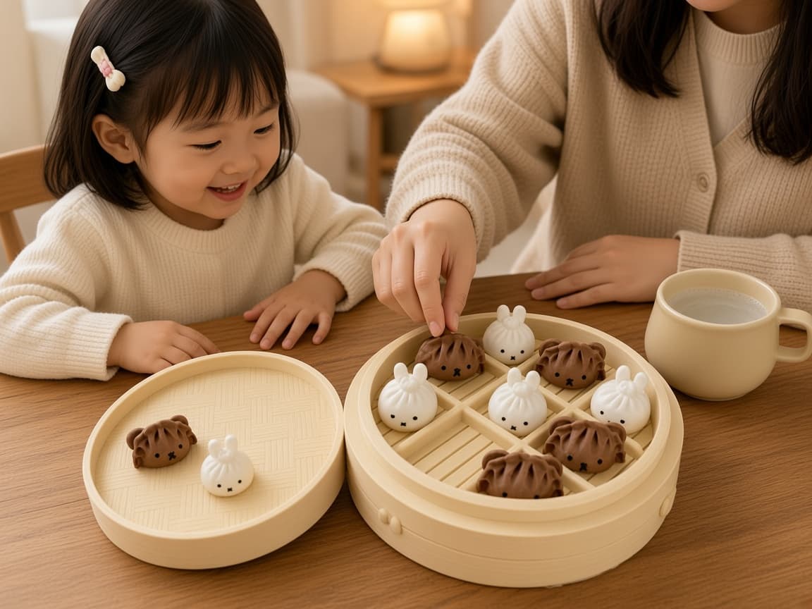 Dim sum tic-tac-toe board with yum cha playing pieces and wooden grid, Focus on the Board