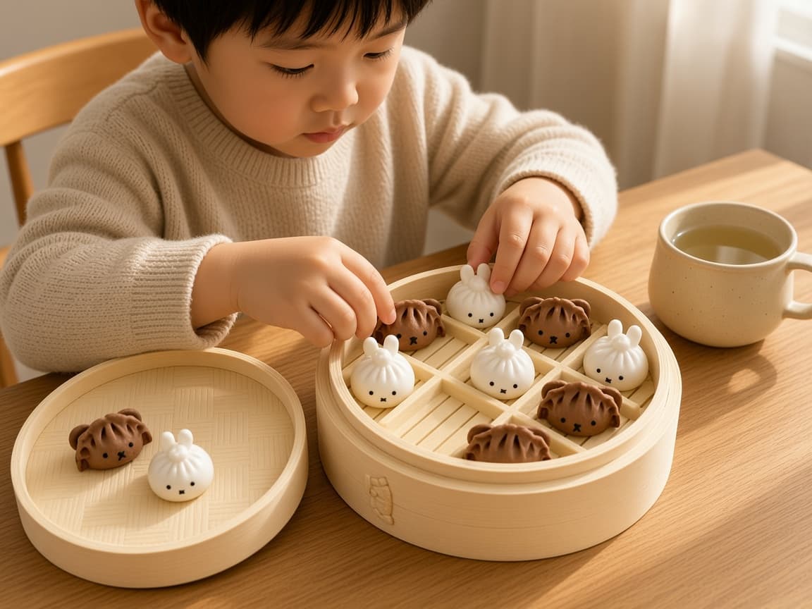Dim sum tic-tac-toe board with yum cha playing pieces and wooden grid, quiet play