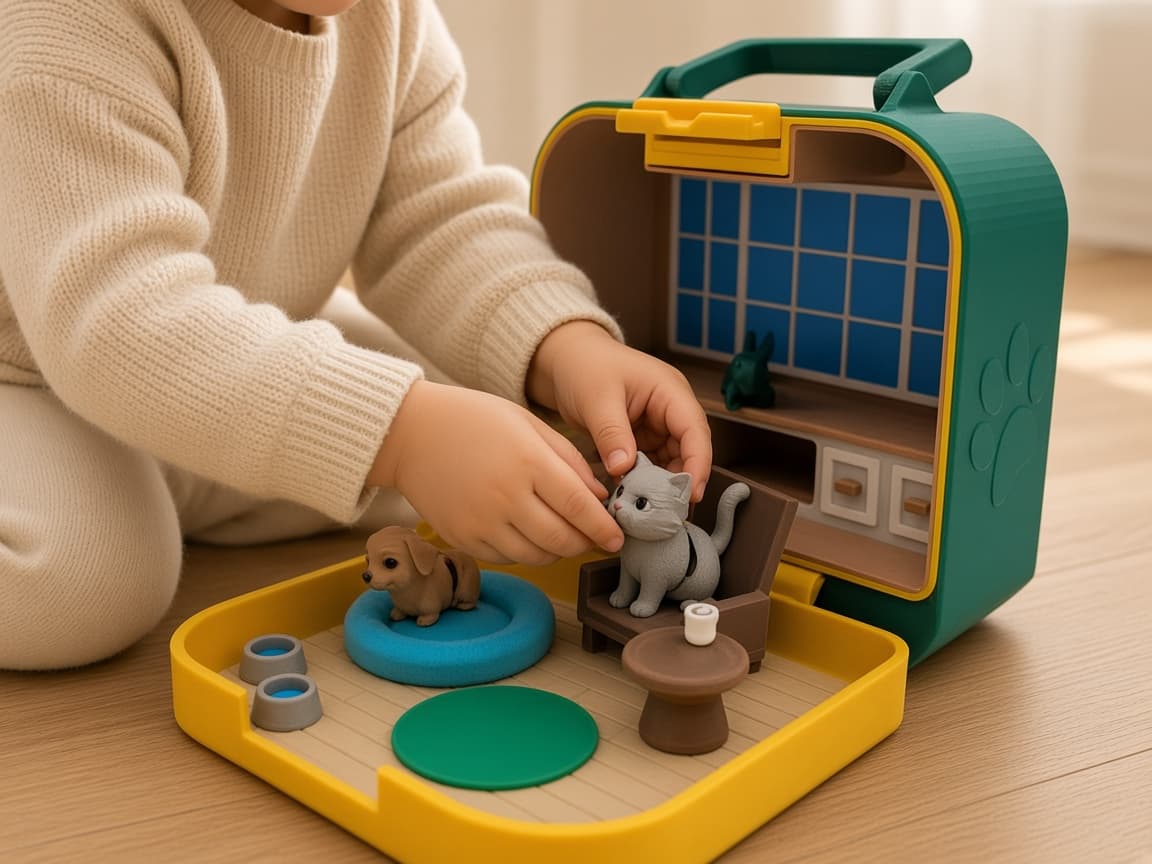 Mini pet carrier set with latch, portable case, and care accessories, A pet with a story