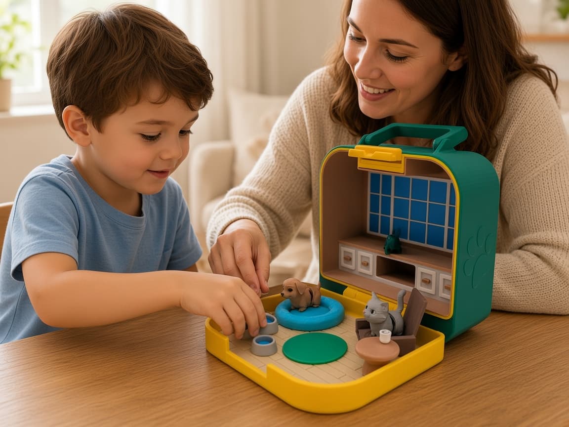 Mini pet carrier set with latch, portable case, and care accessories, Portable Play