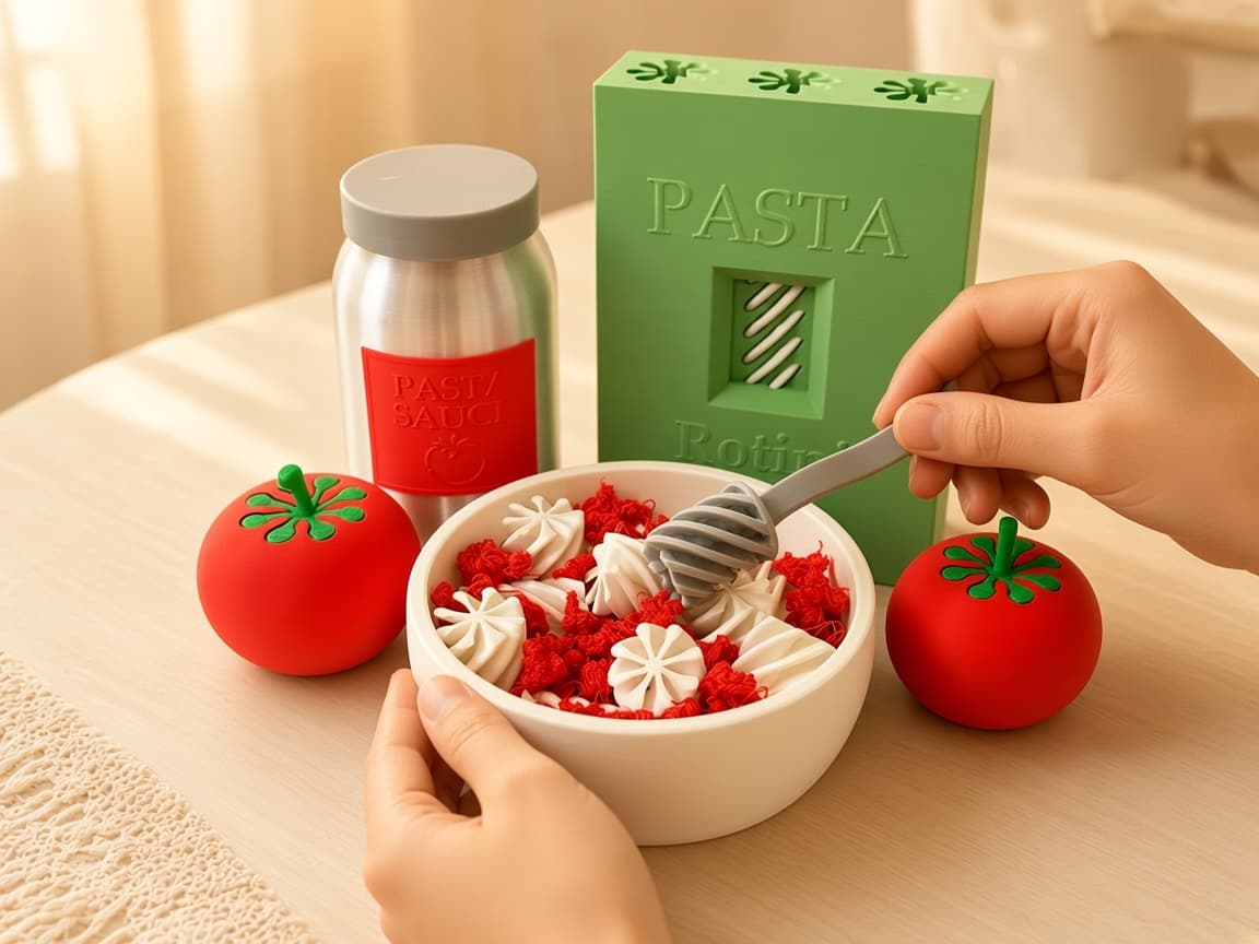 Pretend tomato-twist pasta for twirl-pop-serve kitchen play, Twirl the pasta