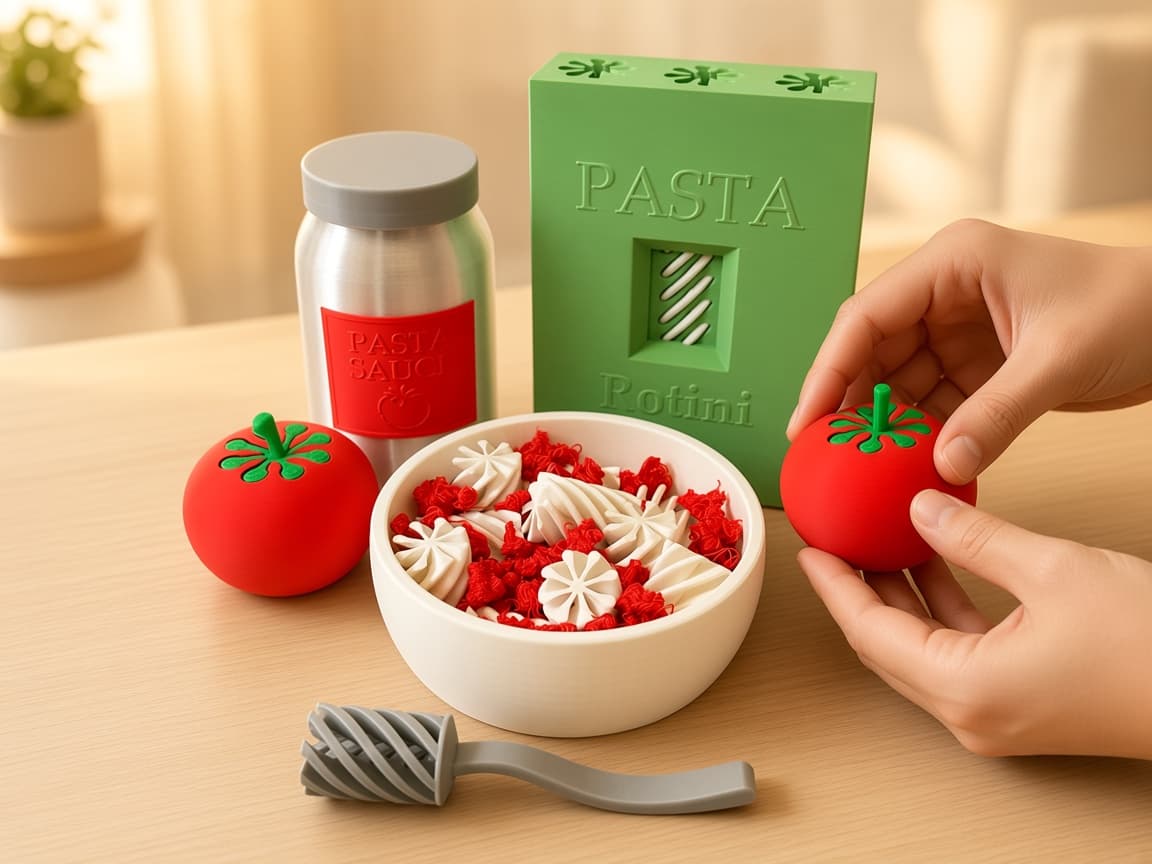 Pretend tomato-twist pasta for twirl-pop-serve kitchen play, Pop the pieces