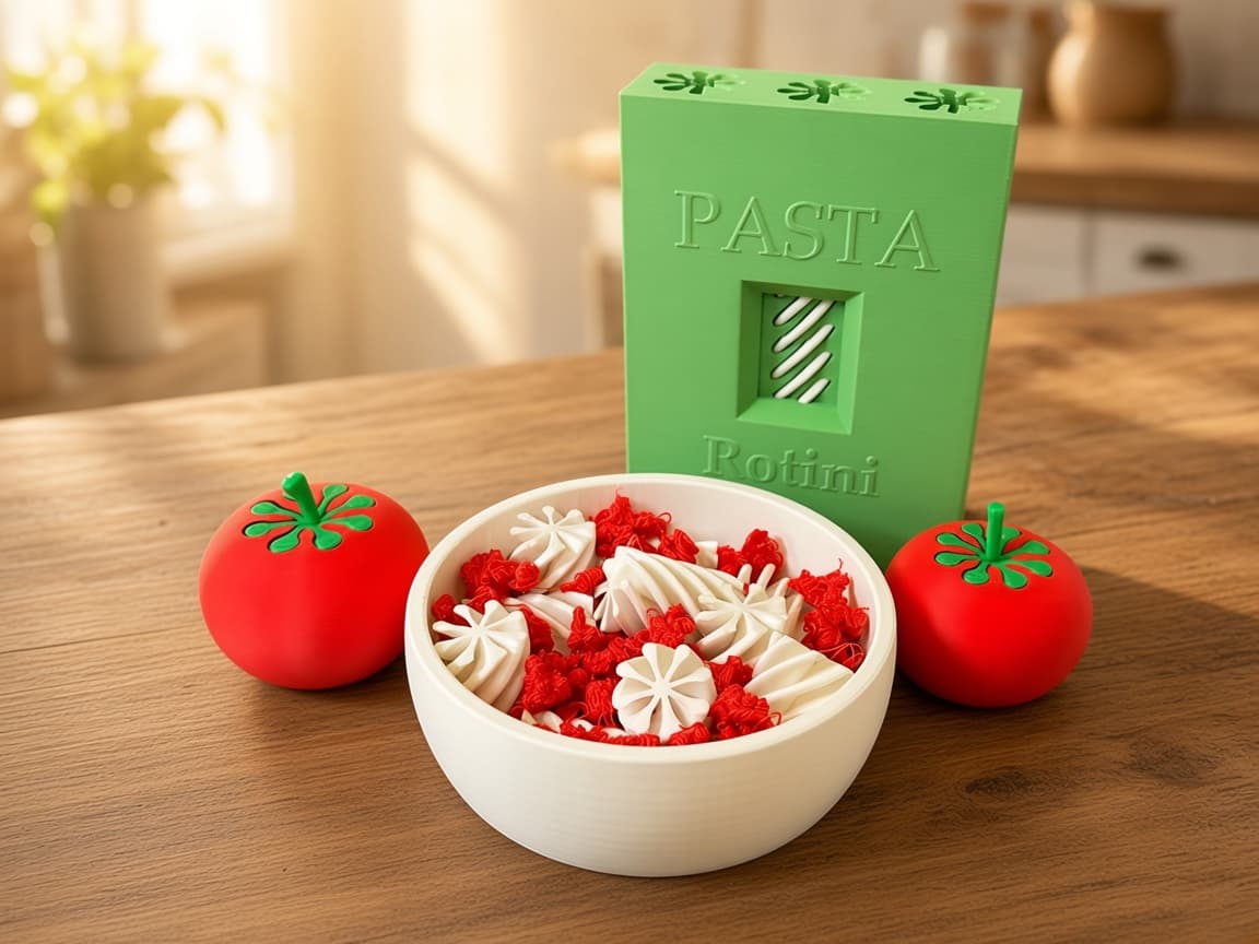 Pretend tomato-twist pasta for twirl-pop-serve kitchen play, Serve the dish