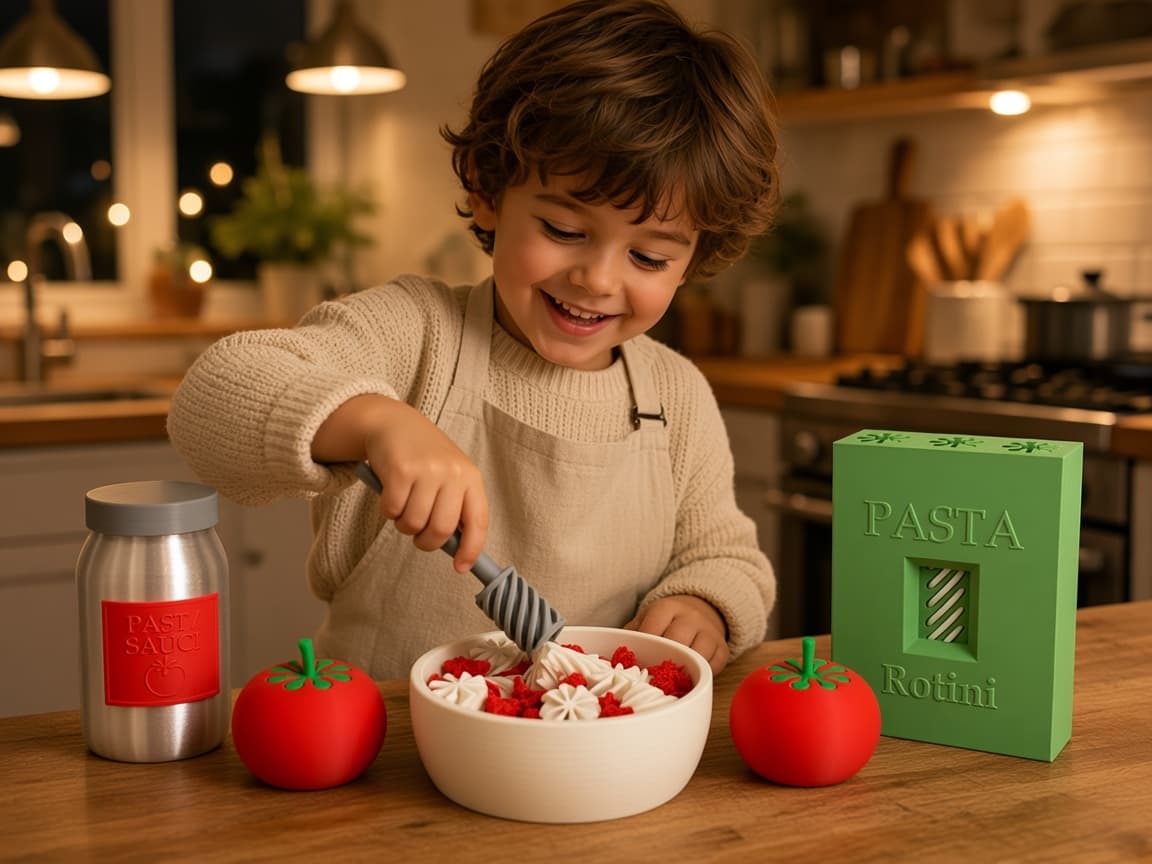 Pretend tomato-twist pasta for twirl-pop-serve kitchen play, Twirls That Satisfy