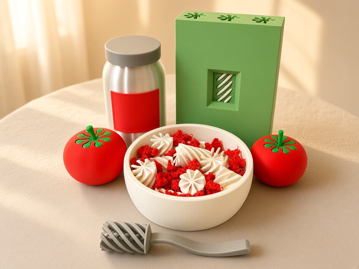 Pretend tomato-twist pasta for twirl-pop-serve kitchen play, Pop and Rebuild