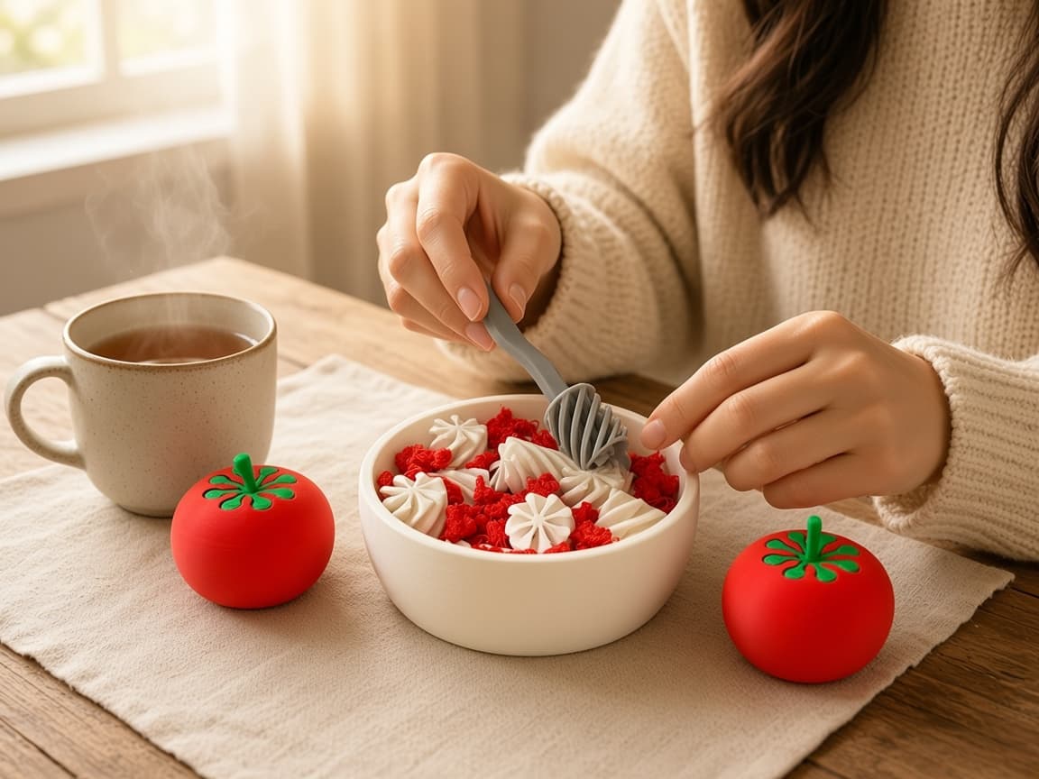 Pretend tomato-twist pasta for twirl-pop-serve kitchen play, quiet play
