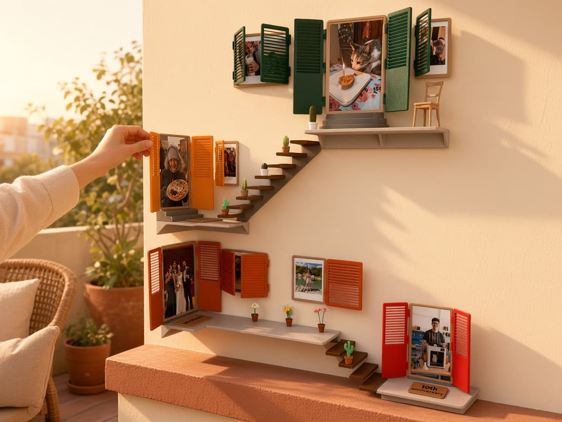 Peek In modular wall memory windows with openable shutters for prints, Mount the modules