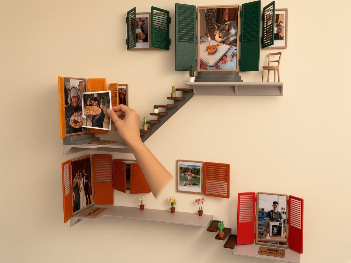 Peek In modular wall memory windows with openable shutters for prints, Hide the print