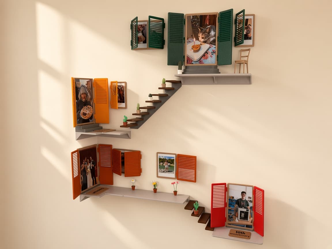 Peek In modular wall memory windows with openable shutters for prints, Open when ready