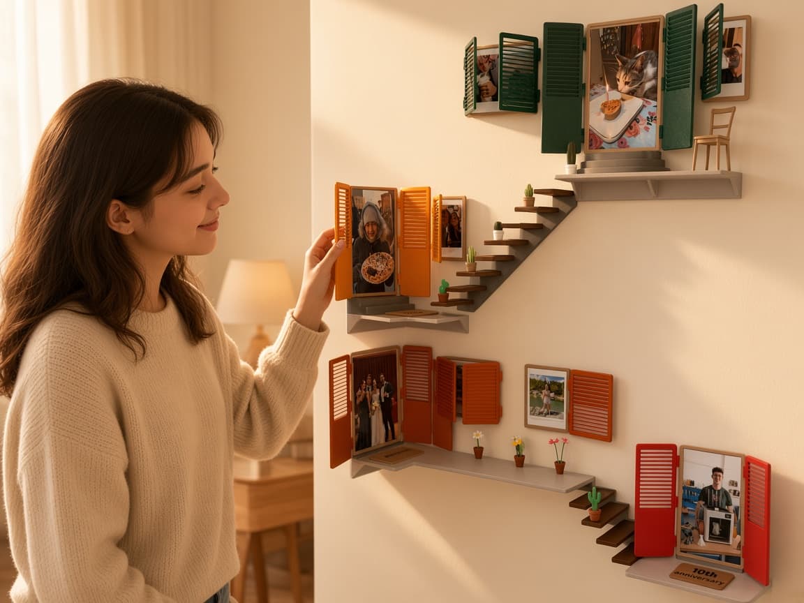 Peek In modular wall memory windows with openable shutters for prints, A Ritual You Control