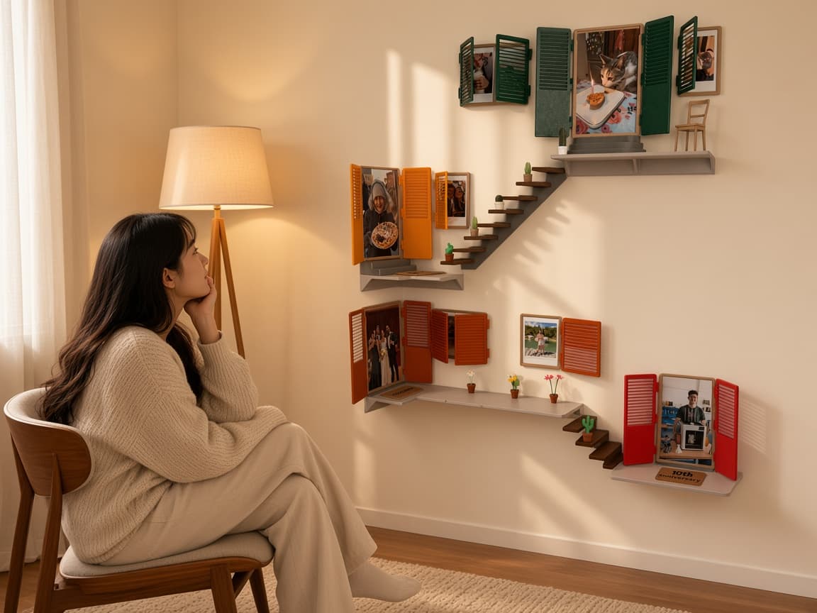 Peek In modular wall memory windows with openable shutters for prints, quiet play