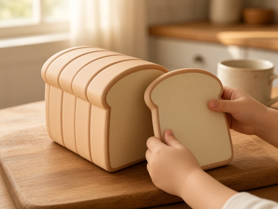 Magnetic pretend bread loaf that slices apart and snaps back together, Set the loaf