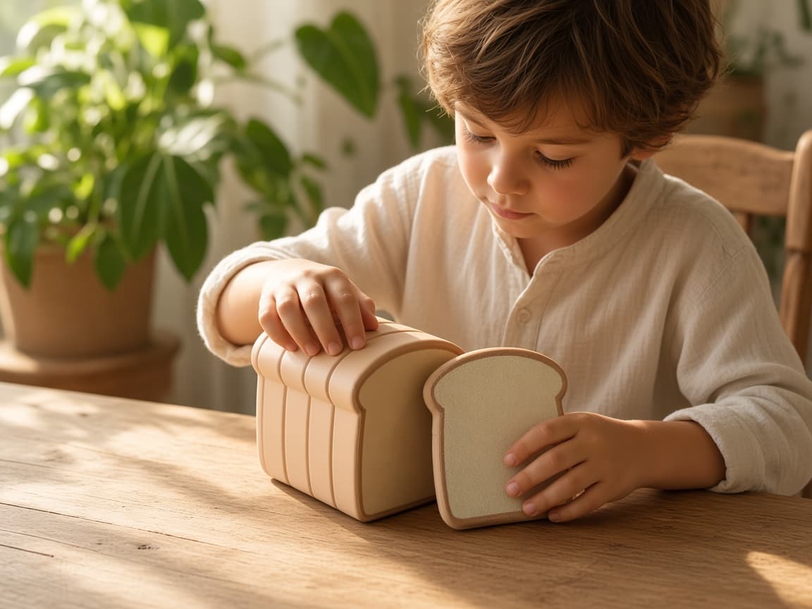 Magnetic pretend bread loaf that slices apart and snaps back together, quiet play