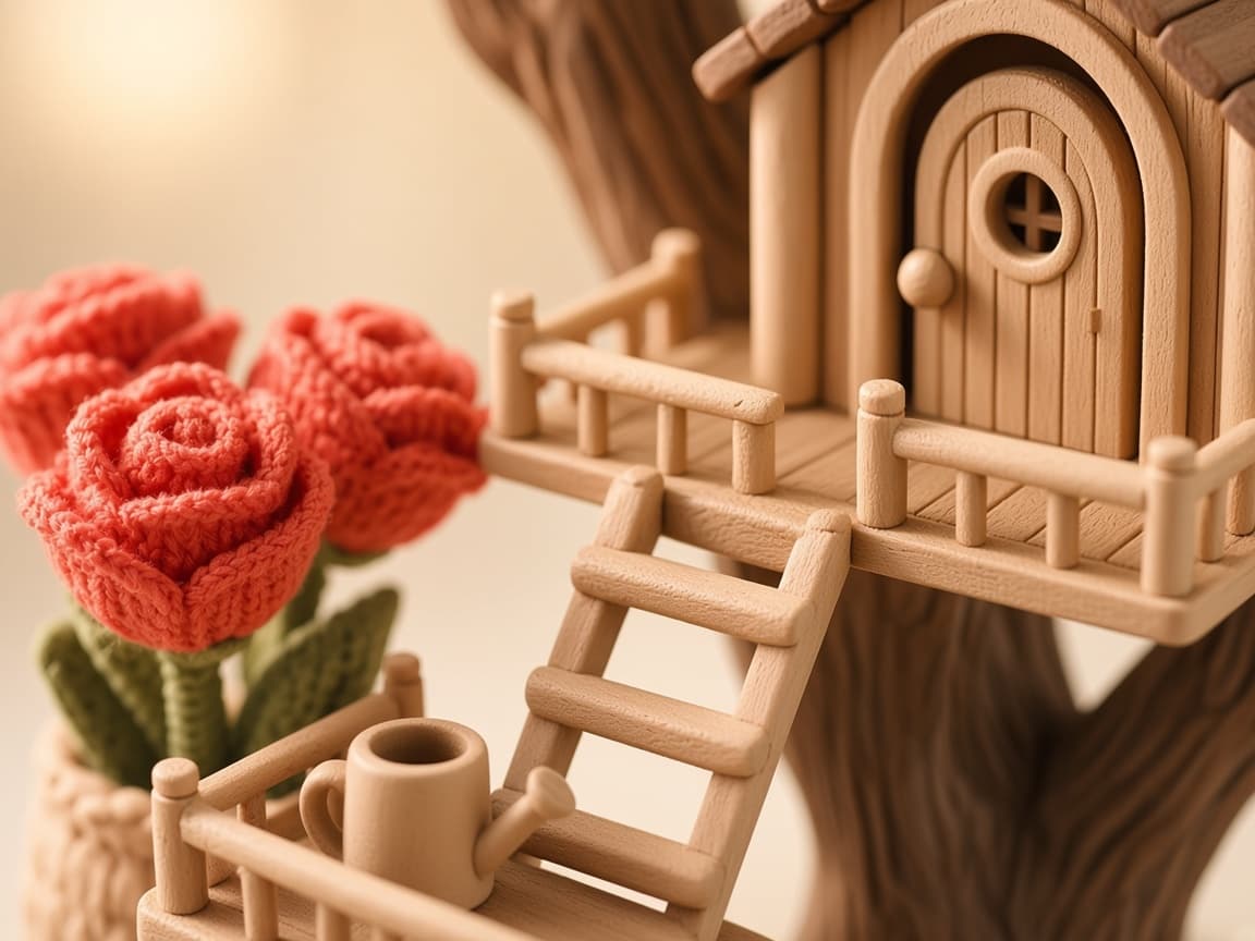 Close-up of Treehouse Garden door, ladder, and garden details
