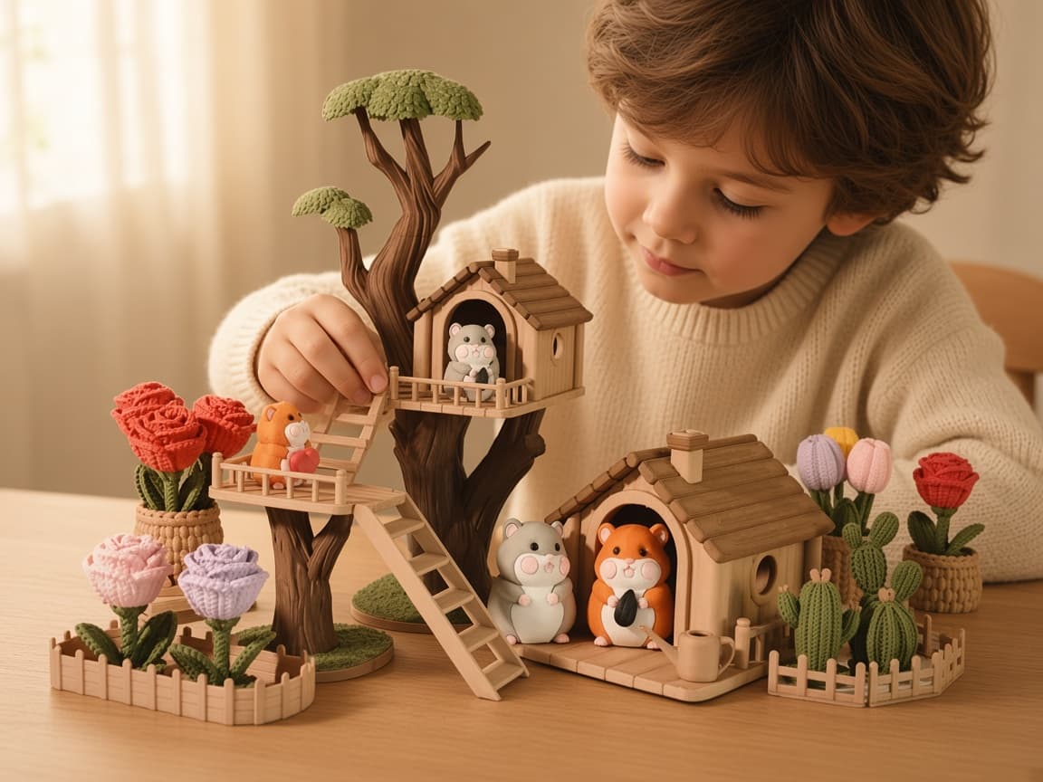 Child quietly engaging with the Treehouse Garden miniature